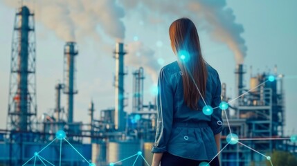Aufkleber - industry and Internet of Things concept. modern factory buildings. woman engineer. communication network. industry4.0