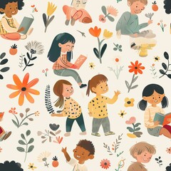 Wall Mural - A group of children sharing their drawings with each other, discussing and complimenting each other's work. Minimal pattern banner wallpaper, simple background, Seamless,