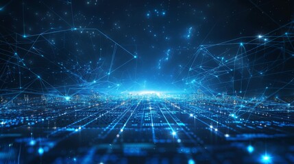 Poster - Internet speed Data communication connection network frame Modern industrial skyline city structure, city internet of things concepts wireless technology information system, abstract blue background