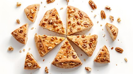 A flat lay of fresh baked scones, arranged in the shape of an abstract pie chart on white background. culinary appeal and business concept of financial growth or money work.