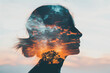 © tonstock - Double exposure silhouette of a woman with a serene sunset landscape, blending nature and human form for artistic expression and emotional tranquility.
