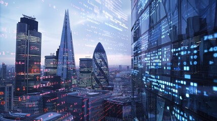 Poster - london city skyline with data and computer programming information mapped onto the building facades