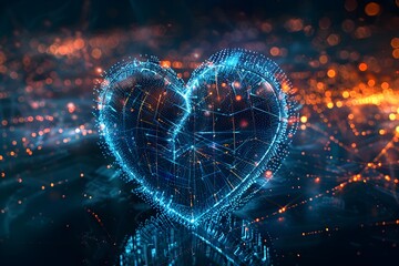 Wall Mural - A heart made of lights and wires is floating in the air. The heart is surrounded by a blue and orange glow, giving it a dreamy and ethereal appearance. The lights and wires create a sense of movement