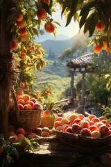Wall Mural - abundance of ripe nectarines on branches with green leaves, a basket with large ripe nectarines stands in the foreground, sunlight passes through the leaves, a pastoral scene of peace and tranquility