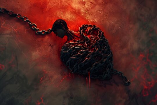 A woman is chained to a heart. The heart is surrounded by chains and is covered in blood. The image has a dark and ominous mood, with the woman being trapped and the heart being destroyed