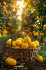 Wall Mural - abundance of ripe lemons on branches with green leaves, a basket with large ripe lemons stands in the foreground, sunlight passes through the leaves, a pastoral scene