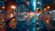 © horizon - A magnifying glass over an abstract digital stock market graph, with bokeh lights in the background. financial technology innovation and connecting global knowledge to place.