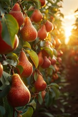 Wall Mural - Close-up of red pears hanging on branches in the garden. the orchard at sunset.