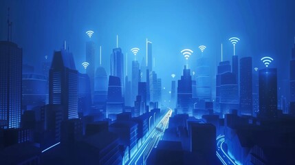 Poster - Modern buildings in blue tone with wifi icons connection, network communication in smart city