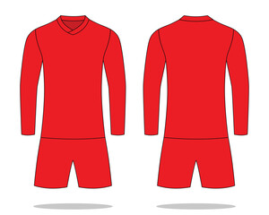 Blank Red Long Sleeve Soccer Uniform Template on White Background. Front and Back Views, Vector File.