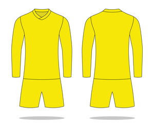 Blank Yellow Long Sleeve Soccer Uniform Template on White Background. Front and Back Views, Vector File.
