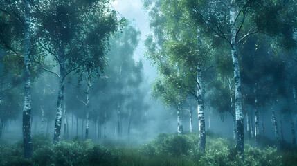 Wall Mural - Rainforest landscape with trees and fog - theme conservation 