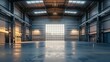 © horizon - A modern warehouse with an open roller door, representing the aspects of commercial garage doors for industrial buildings. The background is a clean and empty parking lot area.