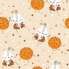 Sticker - Milk and cookies sweets seamless pattern with funny mascot characters. Kawaii cartoon hand drawn doodle in colorful palette. Ideal for baby design, prints, packaging, textiles. Creative background.