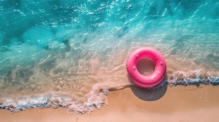 pink inflatable ring floating along sandy beach. Tropical sea coast. Summer vacation at the ocean, Top view