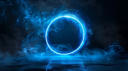 Aufkleber - Neon blue color geometric circle on a dark background. Round mystical portal. Mockup for your logo.
