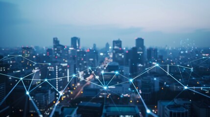 Fototapete - Network connection line between building over of cityscape background network and connection concept