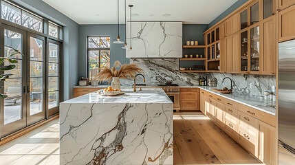 Wall Mural -  Spacious kitchen with sky blue walls, light wood cabinets, and a large marble island