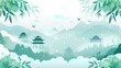© jinzhen - Blue and green distant mountain pavilions illustration poster background