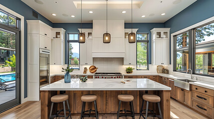 Wall Mural -  Spacious kitchen with sky blue walls, light wood cabinets, and a central island with seating