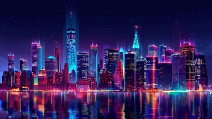 Aufkleber - Night city skyline with neon glow. Illustration with architecture, skyscrapers, megapolis, buildings, downtown
