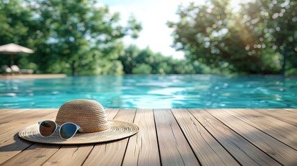 Wall Mural - Empty wooden deck with swimming pool, sunglasses amd hat, sunscreen, travel concept, photo