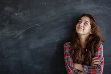 Wall Mural - thinking teenage girl over blackboard background