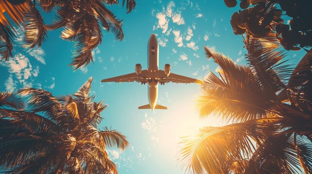 Airplane flying above palm trees in clear sunset sky with sun rays. Concept of traveling, vacation and travel by air transport