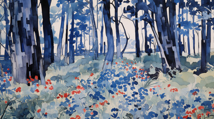 Wall Mural - Watercolor painting of a forest landscape with tall, blue trees and a field of red and blue flowers