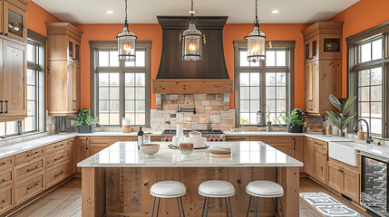 Wall Mural -  Warm kitchen with peach walls, dark cherry wood cabinets, and a stone-topped island