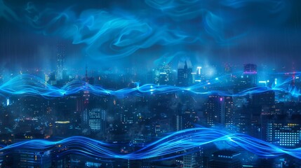 Poster - Smart city and big data connection technology concept with digital blue wavy wires with antennas on night megapolis city skyline background,