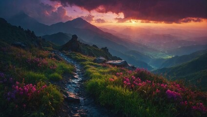 Wall Mural - Beautiful, cloudy sunset in the mountains