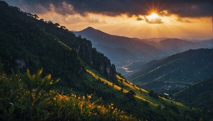 Wall Mural - Beautiful, cloudy sunset in the mountains