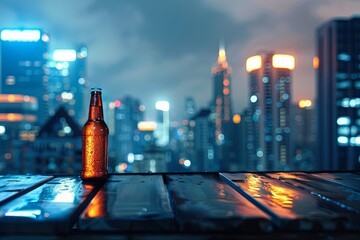 Poster - Nestled in a bustling cityscape, a bottle of beer stands on a rooftop bar table