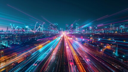 Leinwandbilder - Smart city with speed line glowing light trail surround the city.