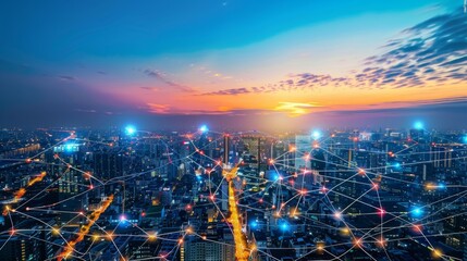Poster - Smart digital city with connection network reciprocity over the cityscape . Concept of future smart wireless digital city and social media