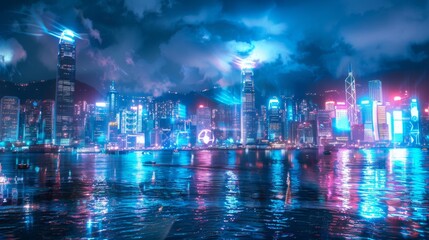 Poster - Smart network and Connection technology concept, Hong Kong digital city background at night in victoria harbour,