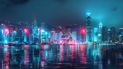 Poster - Smart network and Connection technology concept, Hong Kong digital city background at night in victoria harbour,