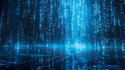 Blue background with a glowing rain of data and light streaks on a dark floor, a futuristic technology concept.