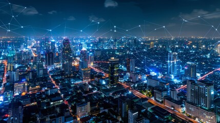 Poster - Smart network and Connection technology concept with Bangkok city background at night in Thailand, Panorama view