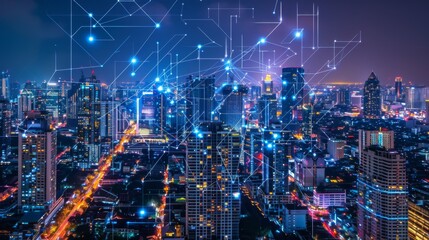 Poster - Smart network and Connection technology concept with Bangkok city background at night in Thailand, Panorama view