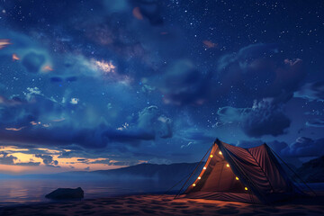 Wall Mural - tent with lights on the beach over night sky background