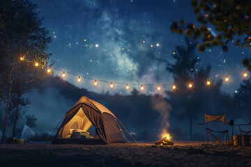 Wall Mural - tent with lights in the night forest camping