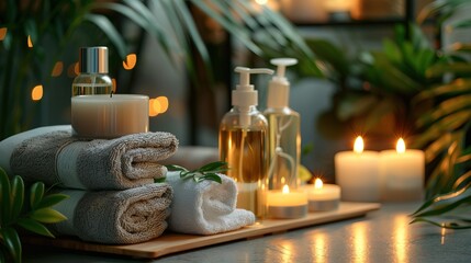 Wall Mural - spa skin care product set decoration, towel candle, oil bottle 