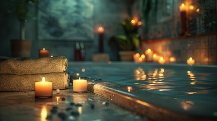 Wall Mural - Tranquil spa ambiance: dimly lit candles illuminate massage room with open 