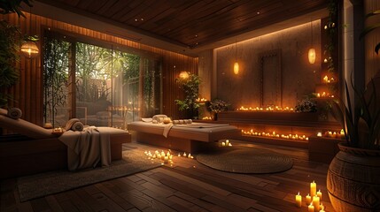 Wall Mural - Tranquil spa ambiance: dimly lit candles illuminate massage room with open 