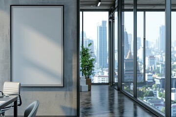 A modern office interior with a blank poster on the wall, large windows overlooking Bangkok cityscape, and a workspace setup