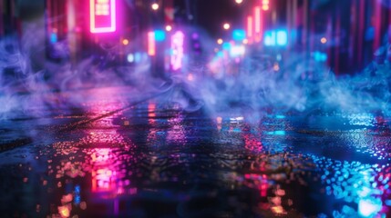 Aufkleber - The background of wet asphalt, the reflection of the night lights of the city, neon light, smoke