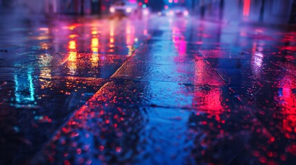 Aufkleber - The background of wet asphalt, the reflection of the night lights of the city, neon light, smoke