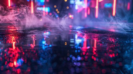 Aufkleber - The background of wet asphalt, the reflection of the night lights of the city, neon light, smoke